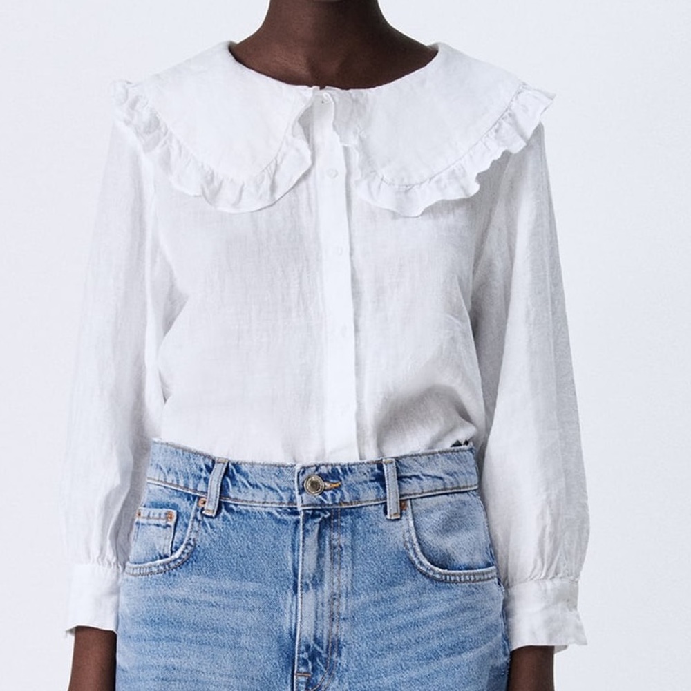 Zara Linen Button-Up Blouse with Peter Pan Collar